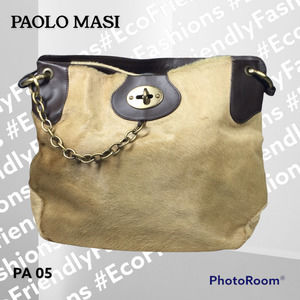 Paolo Masi Women's Leather Handbag Brown Cow Hair Turnlock Clasp Shoulder Bag